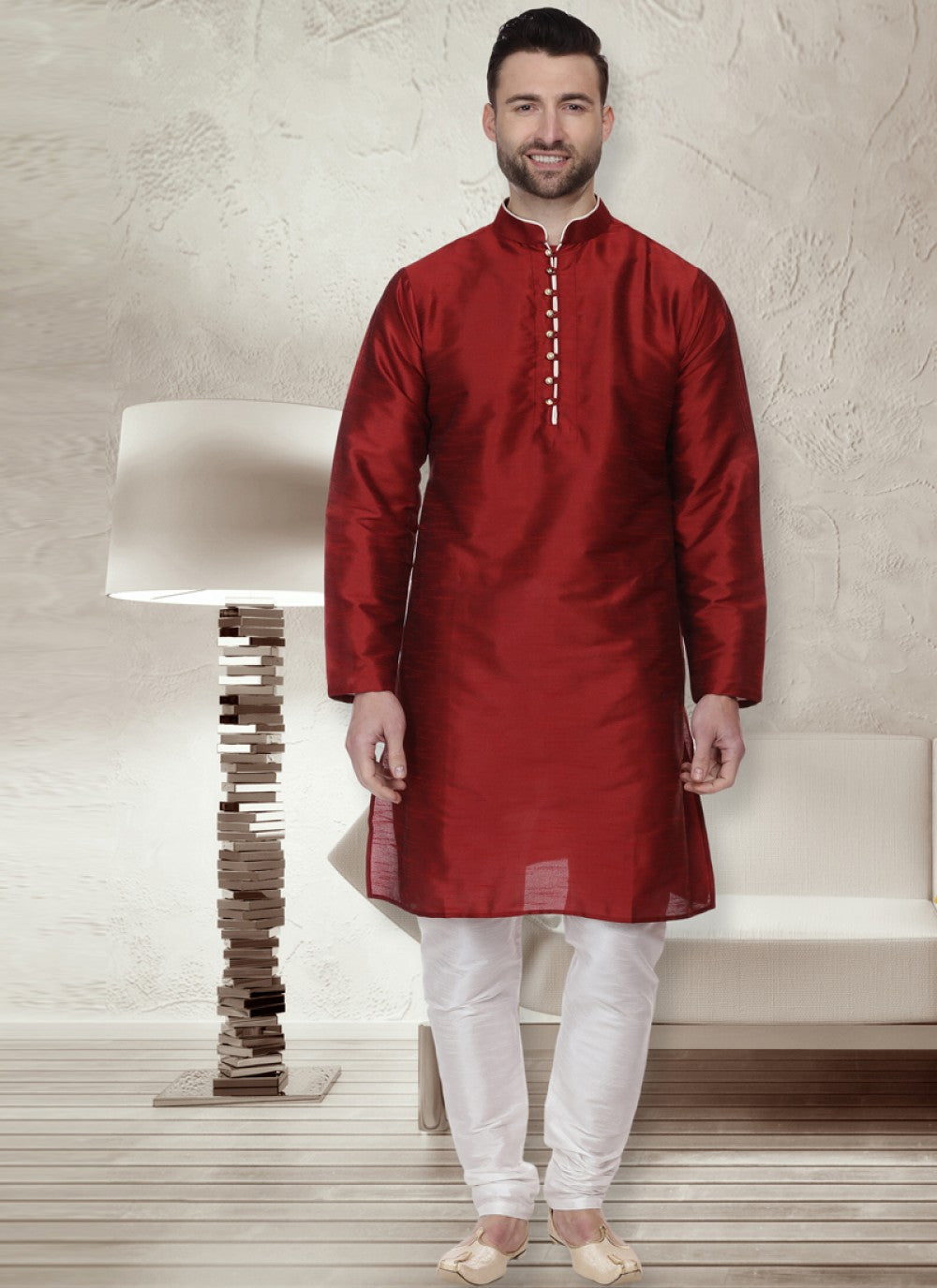 Plain Dupion Silk Maroon Kurta Pyjama - M1067