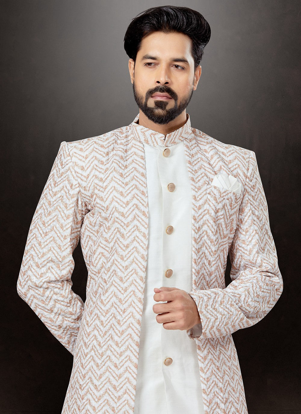 Embroidered Dupion Silk, Jacquard Multi Colour, Off White Indo Western Sherwani - M4802