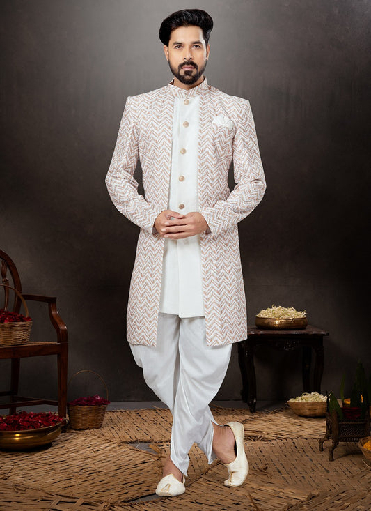 Embroidered Dupion Silk, Jacquard Multi Colour, Off White Indo Western Sherwani - M4802