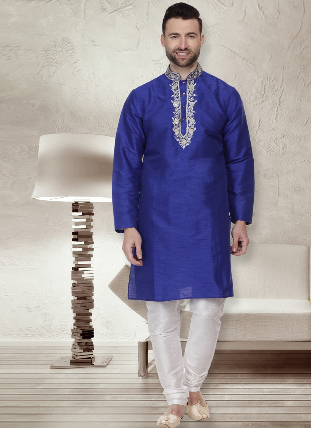 Embroidered Dupion Silk Navy Blue Kurta Pyjama - M1066