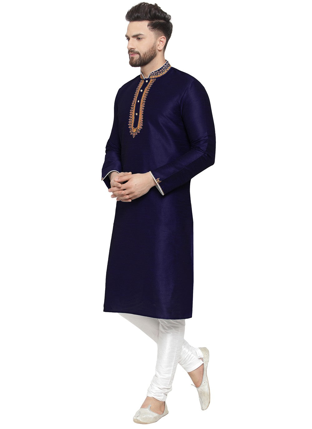 Embroidered Dupion Silk Navy Blue Kurta Pyjama - M7344