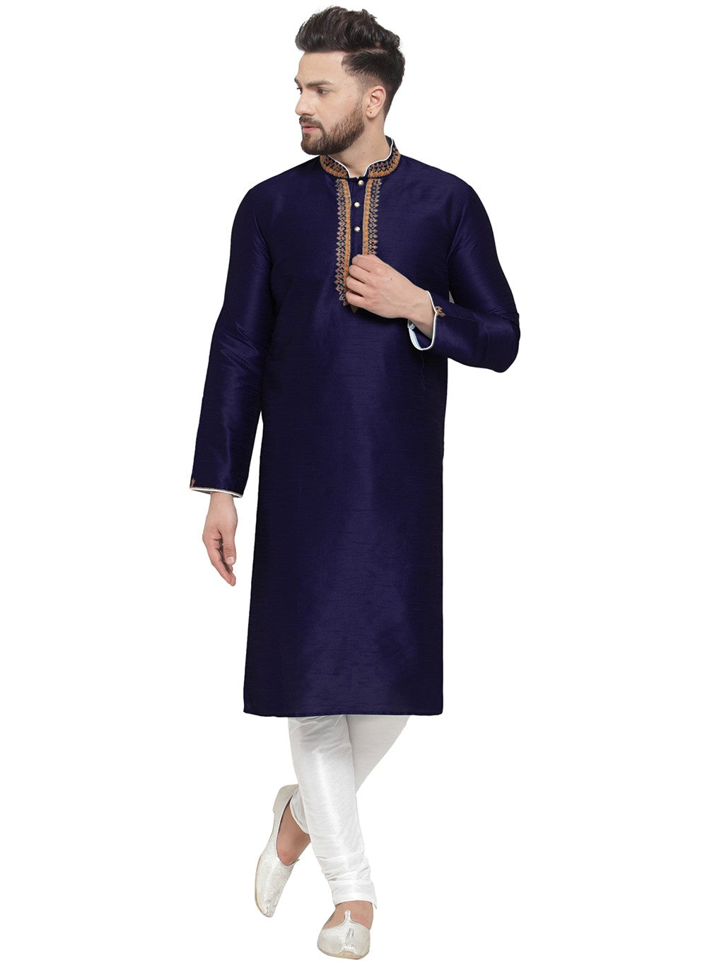 Embroidered Dupion Silk Navy Blue Kurta Pyjama - M7344