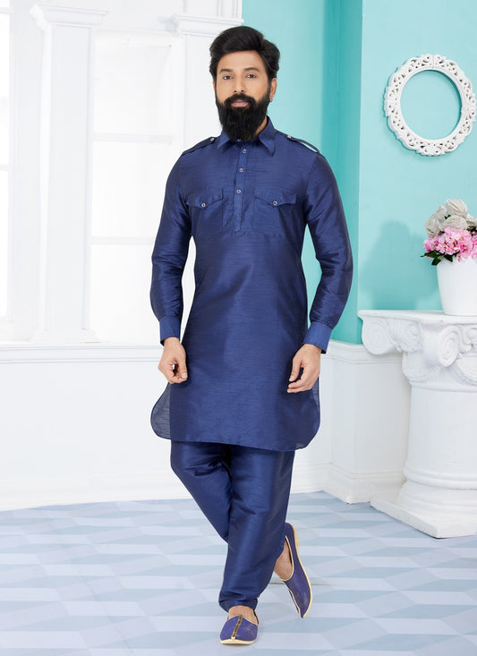 Plain Dupion Silk Navy Blue Kurta Pyjama - M5020