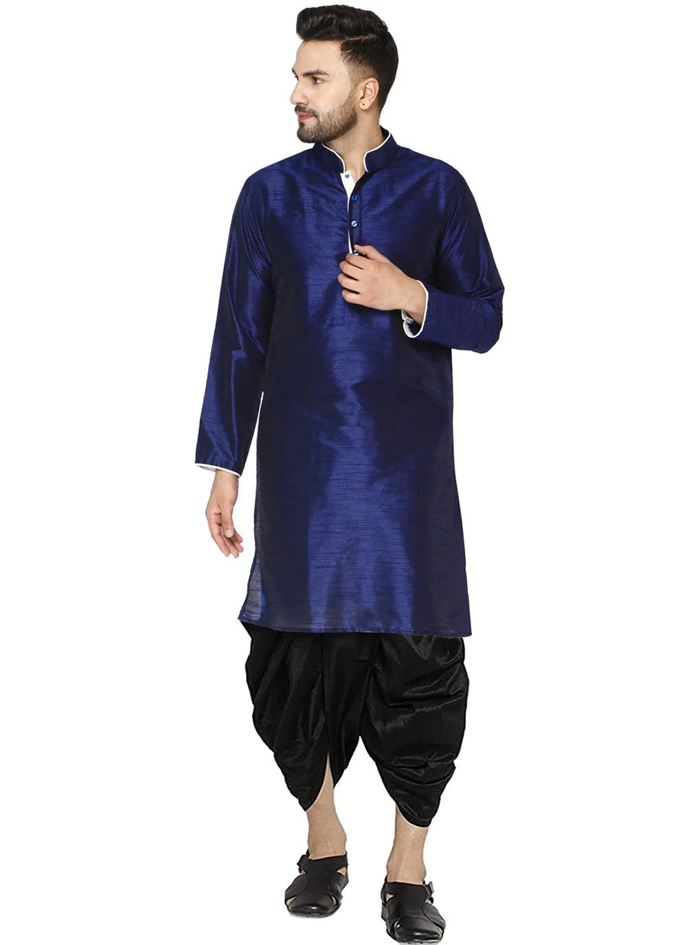 Plain Dupion Silk Navy Blue Dhoti Kurta - M2818