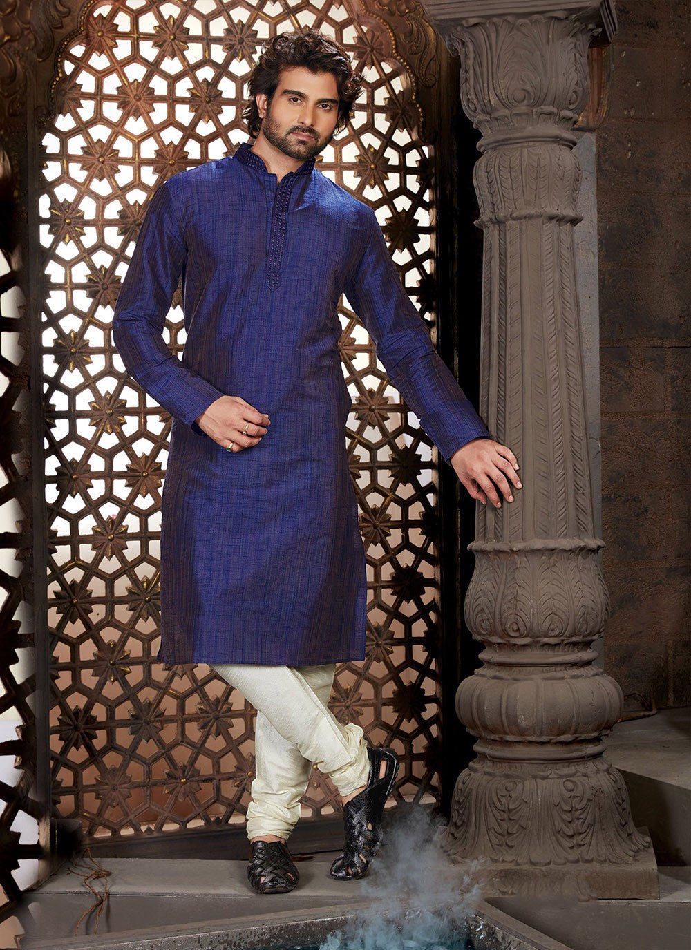 Plain Dupion Silk Navy Blue Kurta Pyjama - M2120