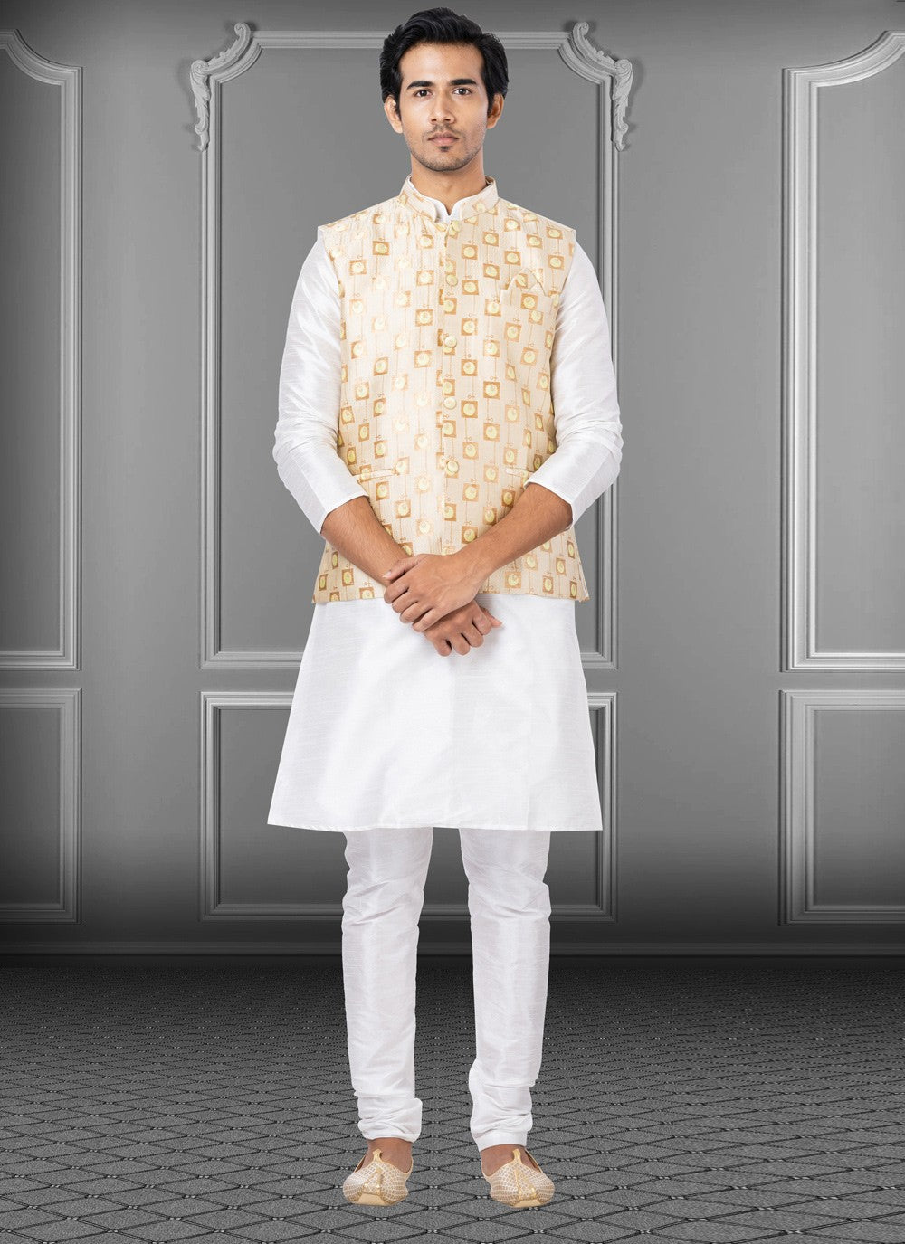 Fancy Work Dupion Silk, Jacquard Silk Off White, Peach Kurta Payjama With Jacket - M3770