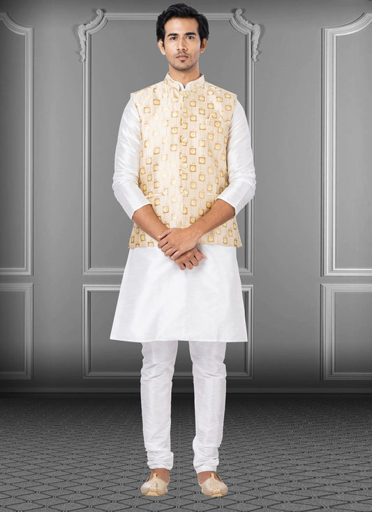 Fancy Work Dupion Silk, Jacquard Silk Off White, Peach Kurta Payjama With Jacket - M3770