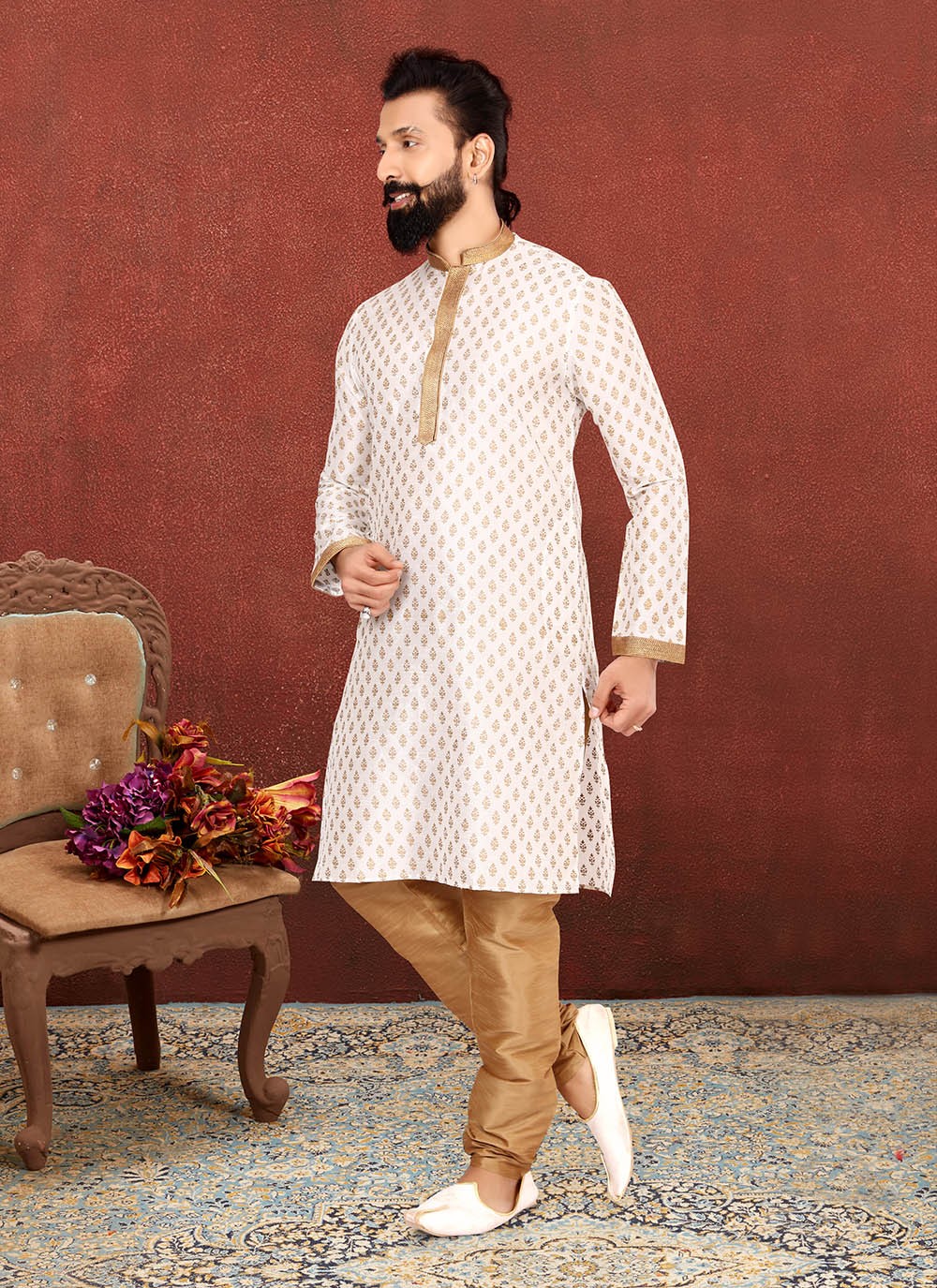 Embroidered Dupion Silk Off White Kurta Pyjama - M2608