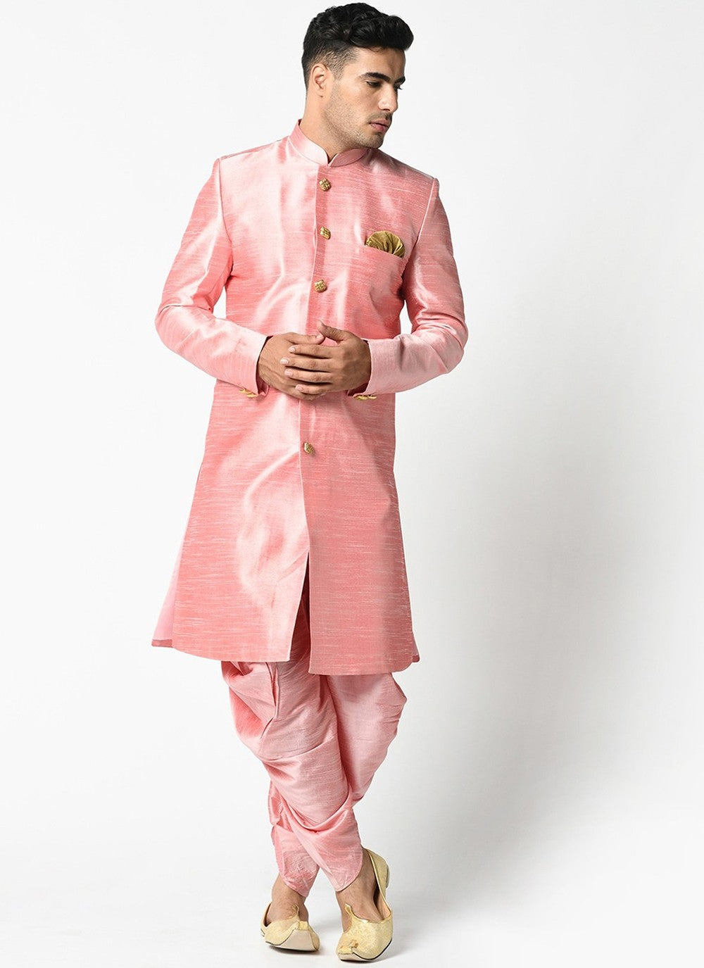 Buttons Dupion Silk Pink Indo Western - M2404