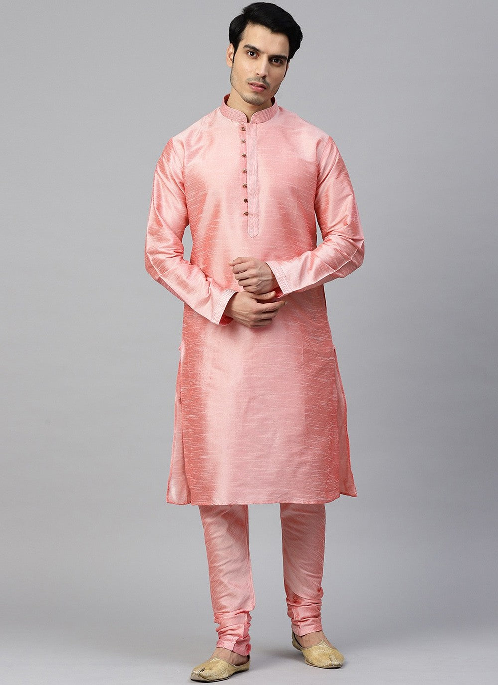 Plain Dupion Silk Pink Kurta Pyjama - M2408