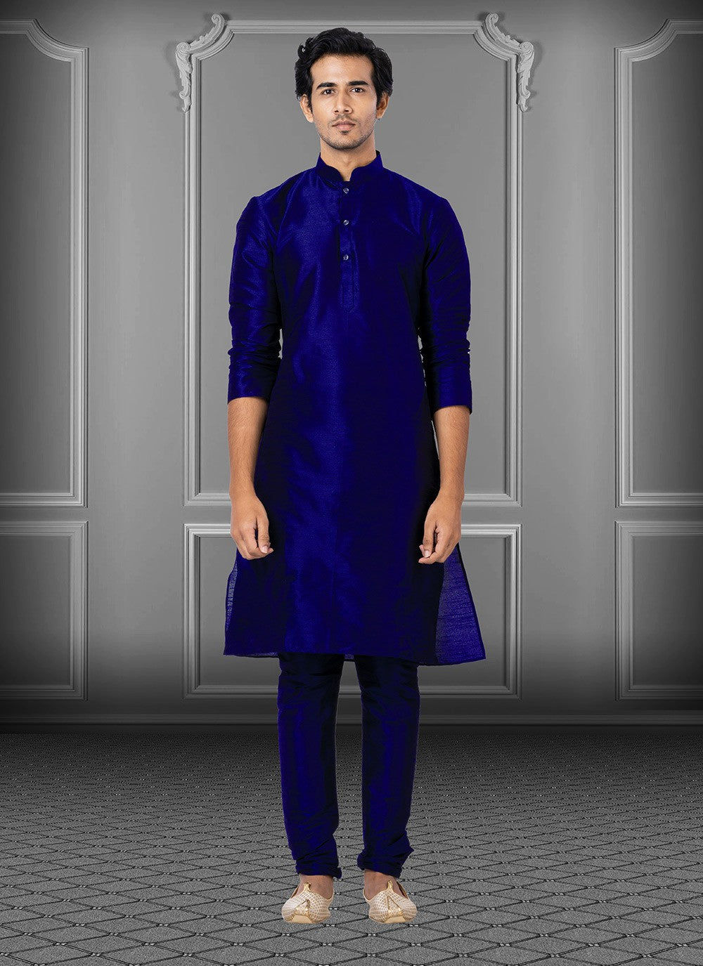 Plain Dupion Silk Blue Kurta Pyjama - M3678