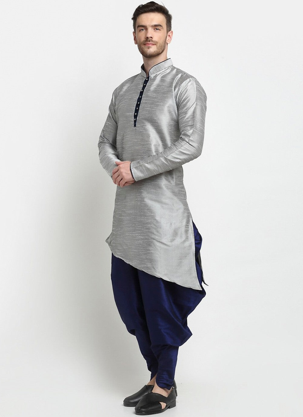 Plain Dupion Silk Grey Dhoti Kurta - M2388