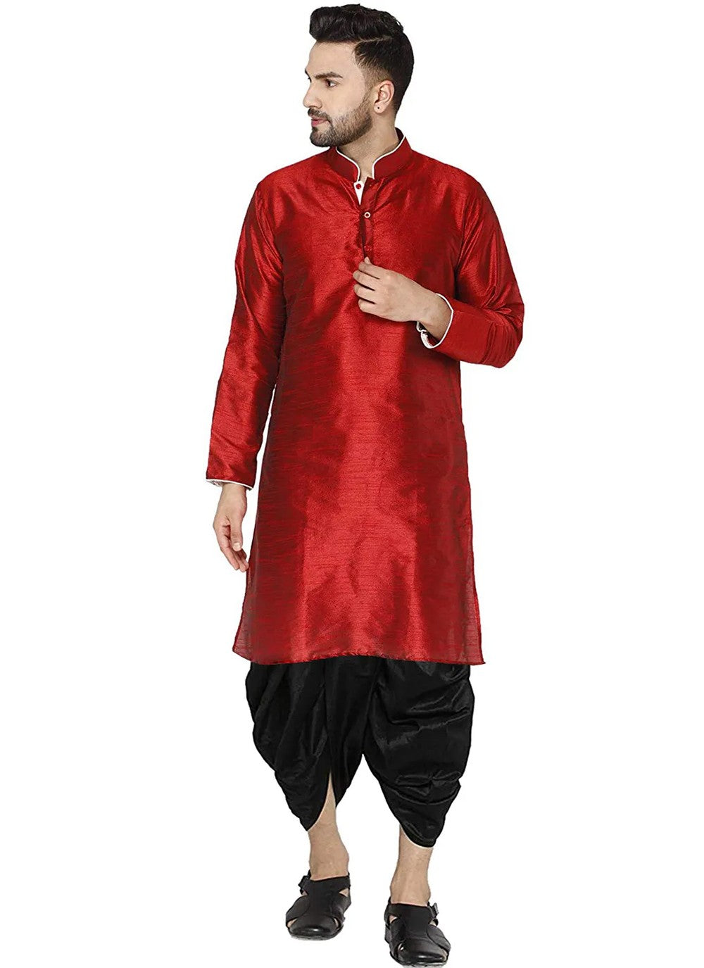 Plain Dupion Silk Maroon Dhoti Kurta - M2815