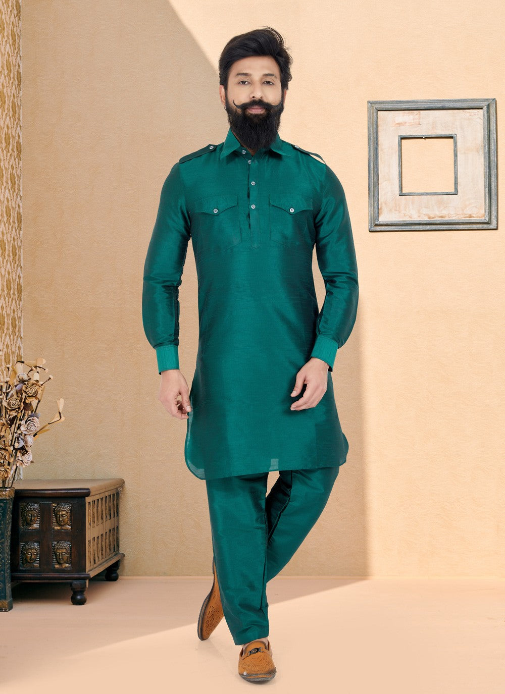 Plain Dupion Silk Green Kurta Pyjama - M5029