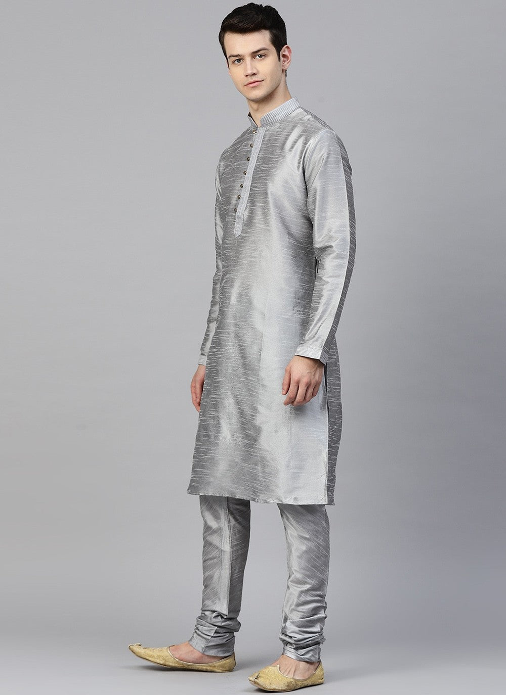 Plain Dupion Silk Grey Kurta Pyjama - M2407