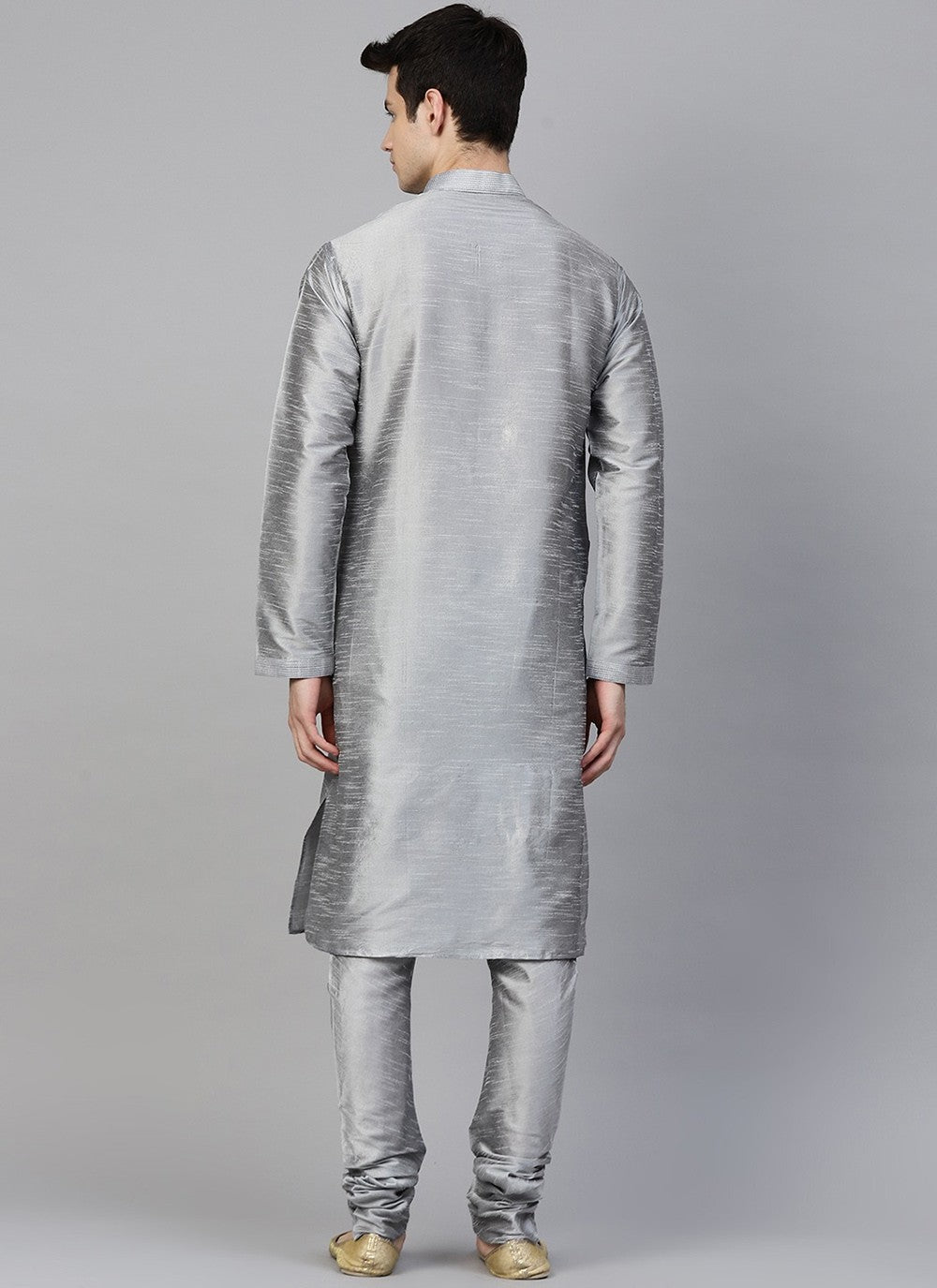 Plain Dupion Silk Grey Kurta Pyjama - M2407