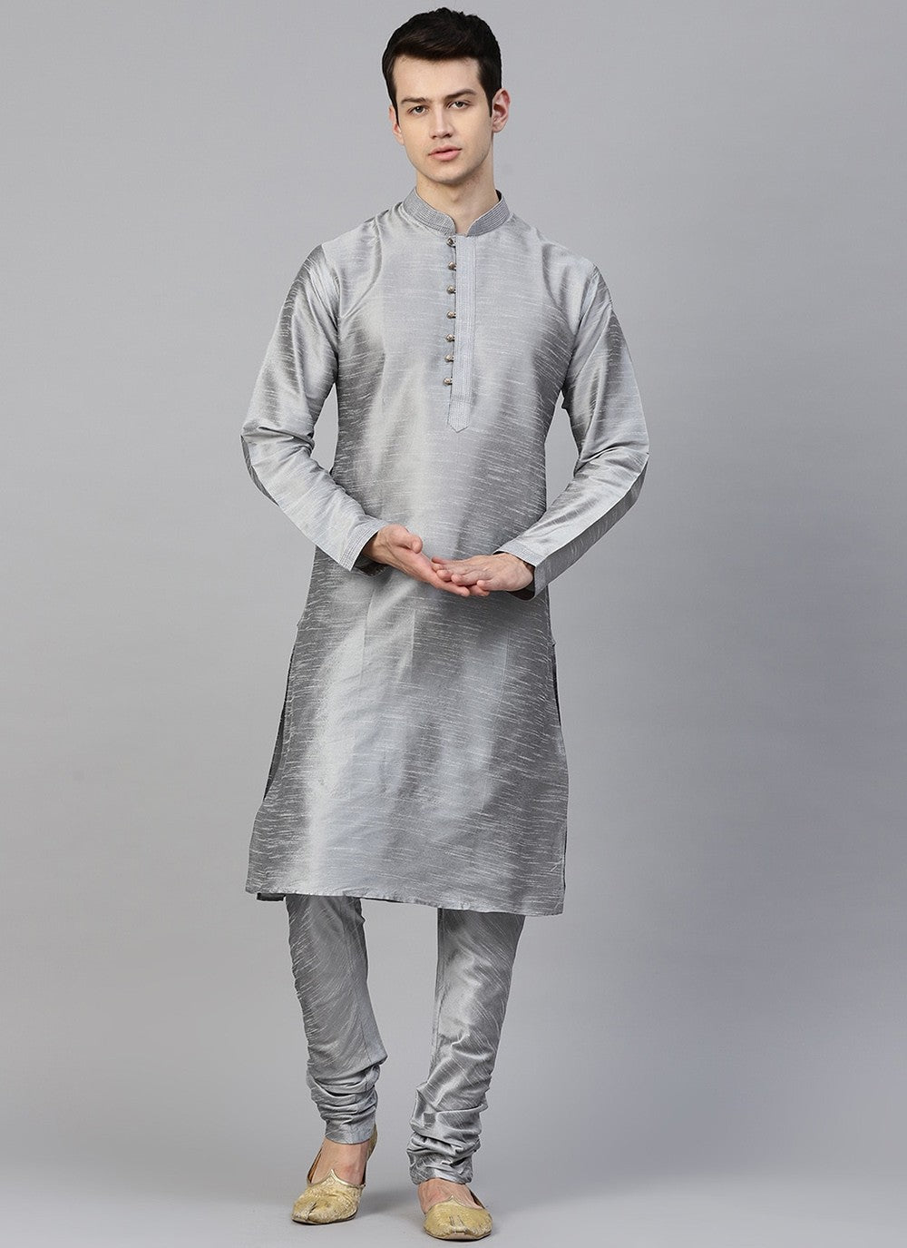 Plain Dupion Silk Grey Kurta Pyjama - M2407