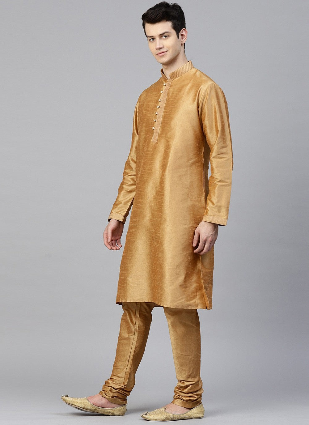 Plain Dupion Silk Gold Kurta Pyjama - M2406