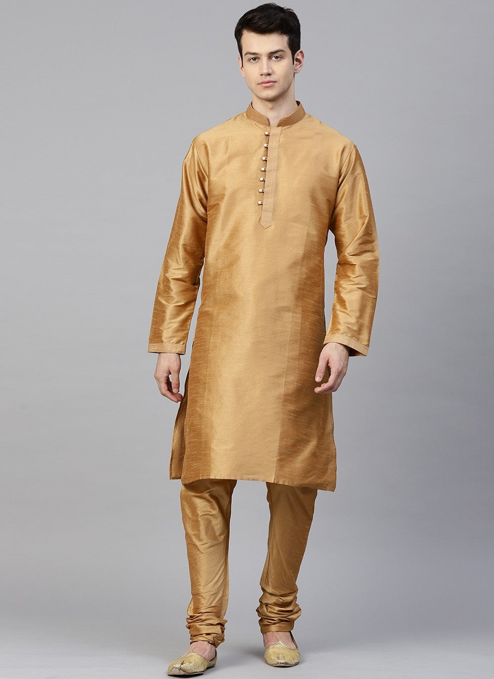 Plain Dupion Silk Gold Kurta Pyjama - M2406