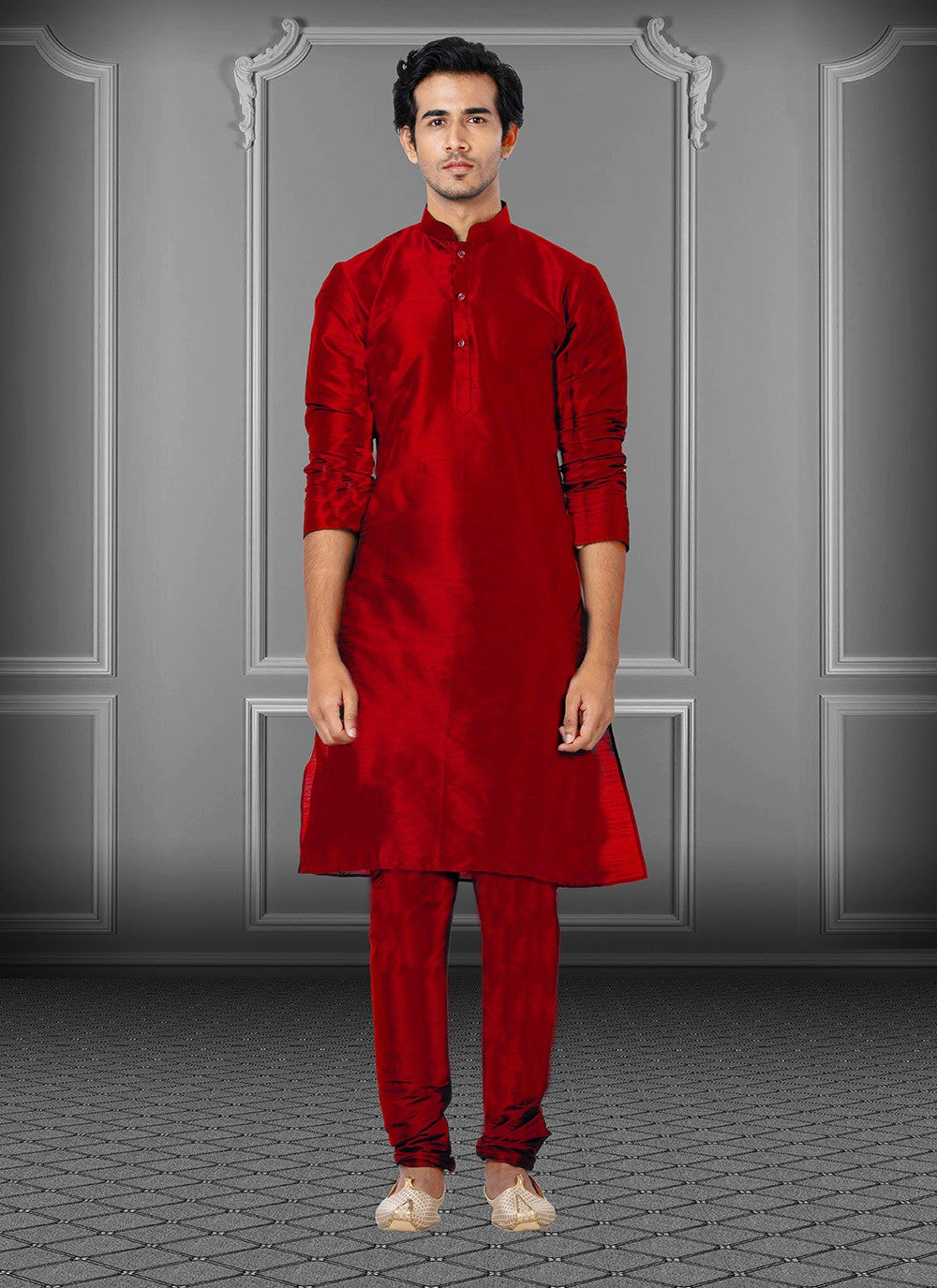 Plain Dupion Silk Maroon Kurta Pyjama - M3677