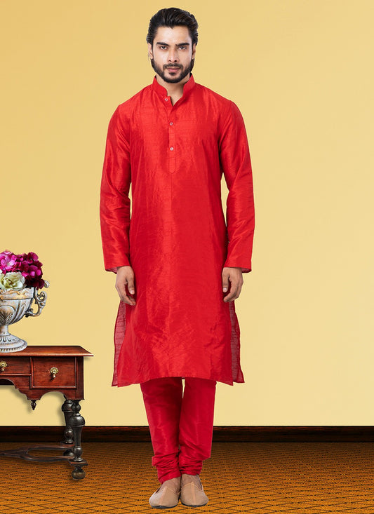 Plain Dupion Silk Red Kurta Pyjama - M3681