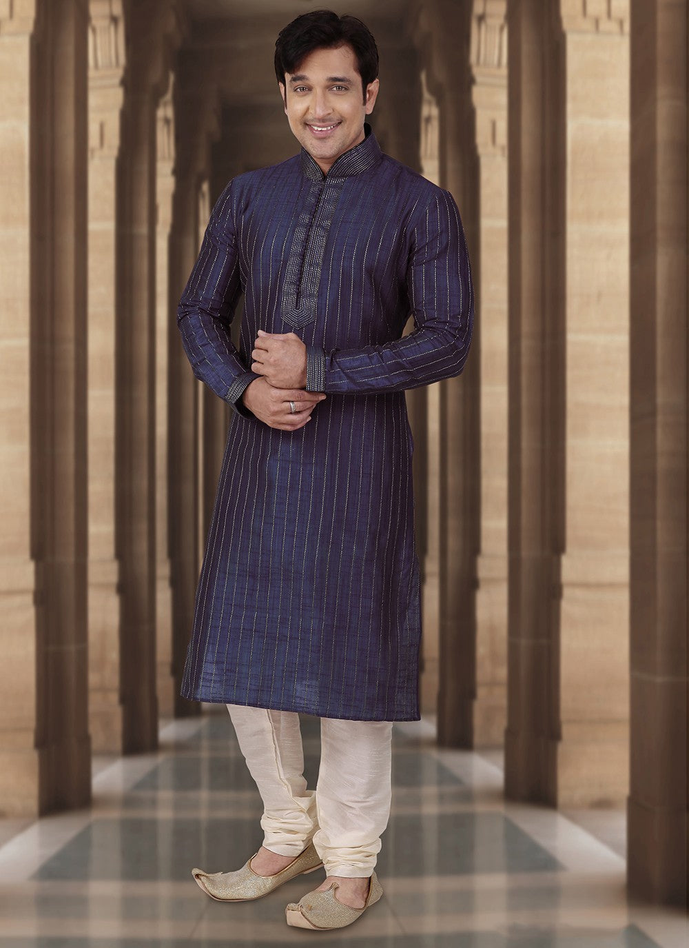 Plain Dupion Silk Navy Blue Kurta Pyjama - M2134