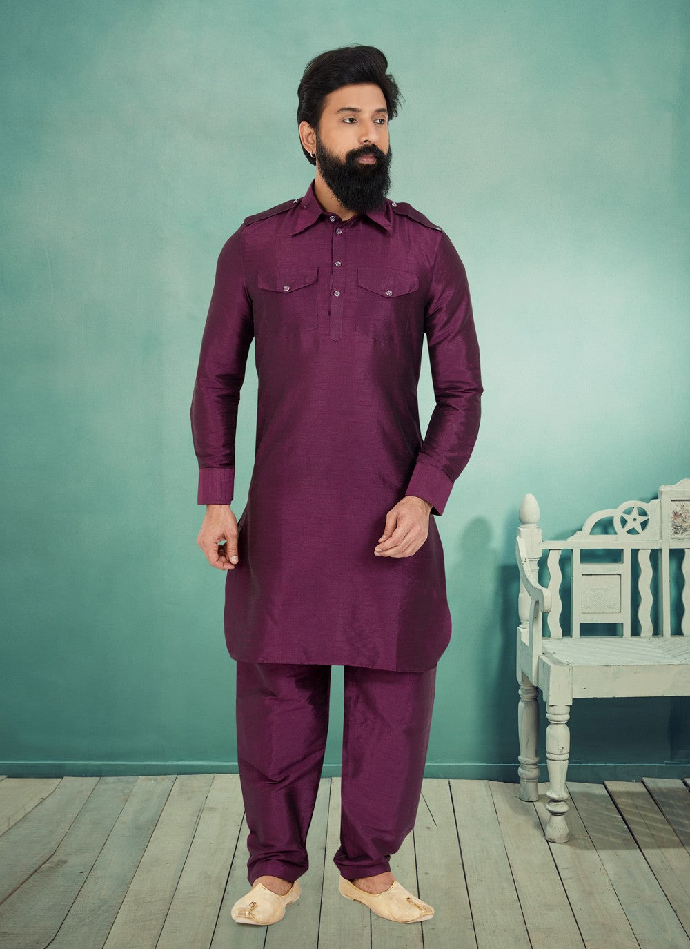 Plain Dupion Silk Purple Kurta Pyjama - M5028