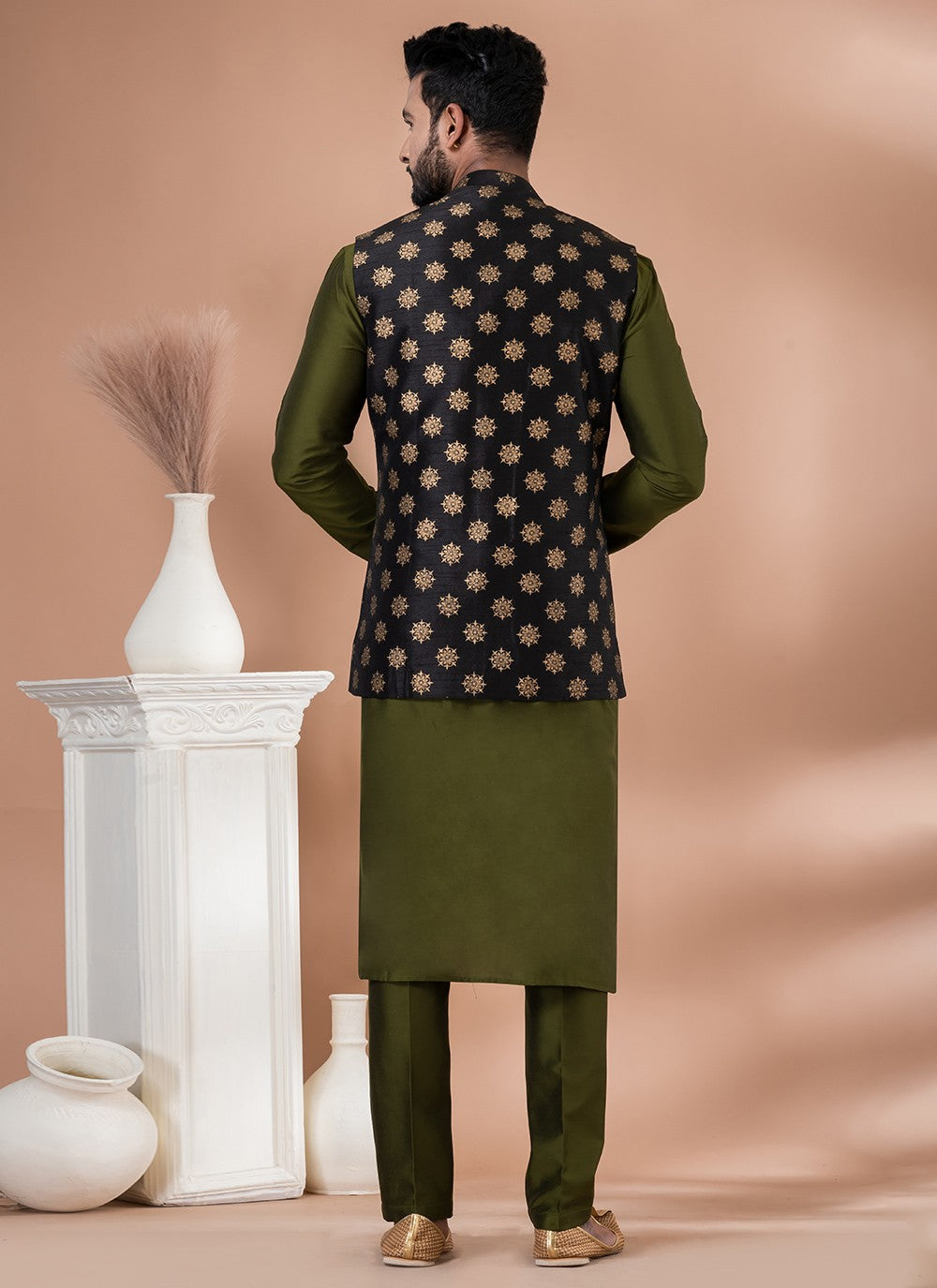 Plain Dupion Silk, Viscose Black, Green Kurta Payjama With Jacket - M7726