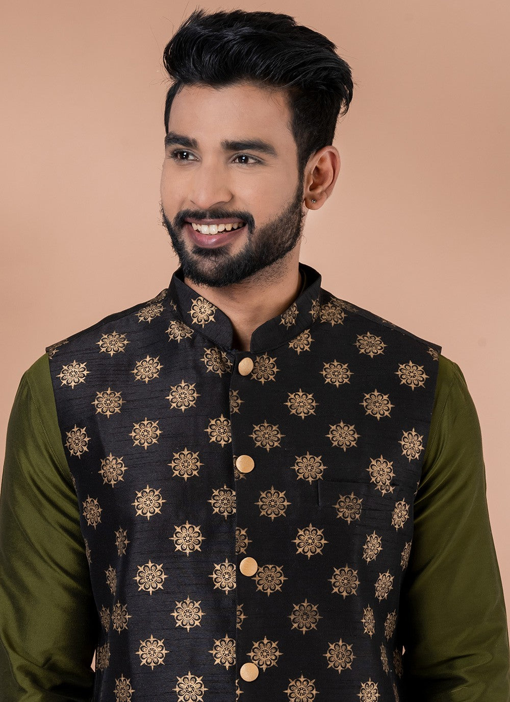 Plain Dupion Silk, Viscose Black, Green Kurta Payjama With Jacket - M7726