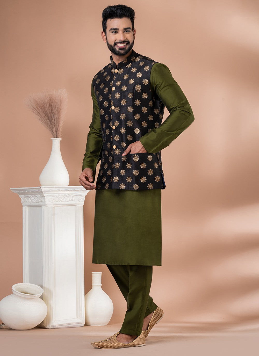 Plain Dupion Silk, Viscose Black, Green Kurta Payjama With Jacket - M7726