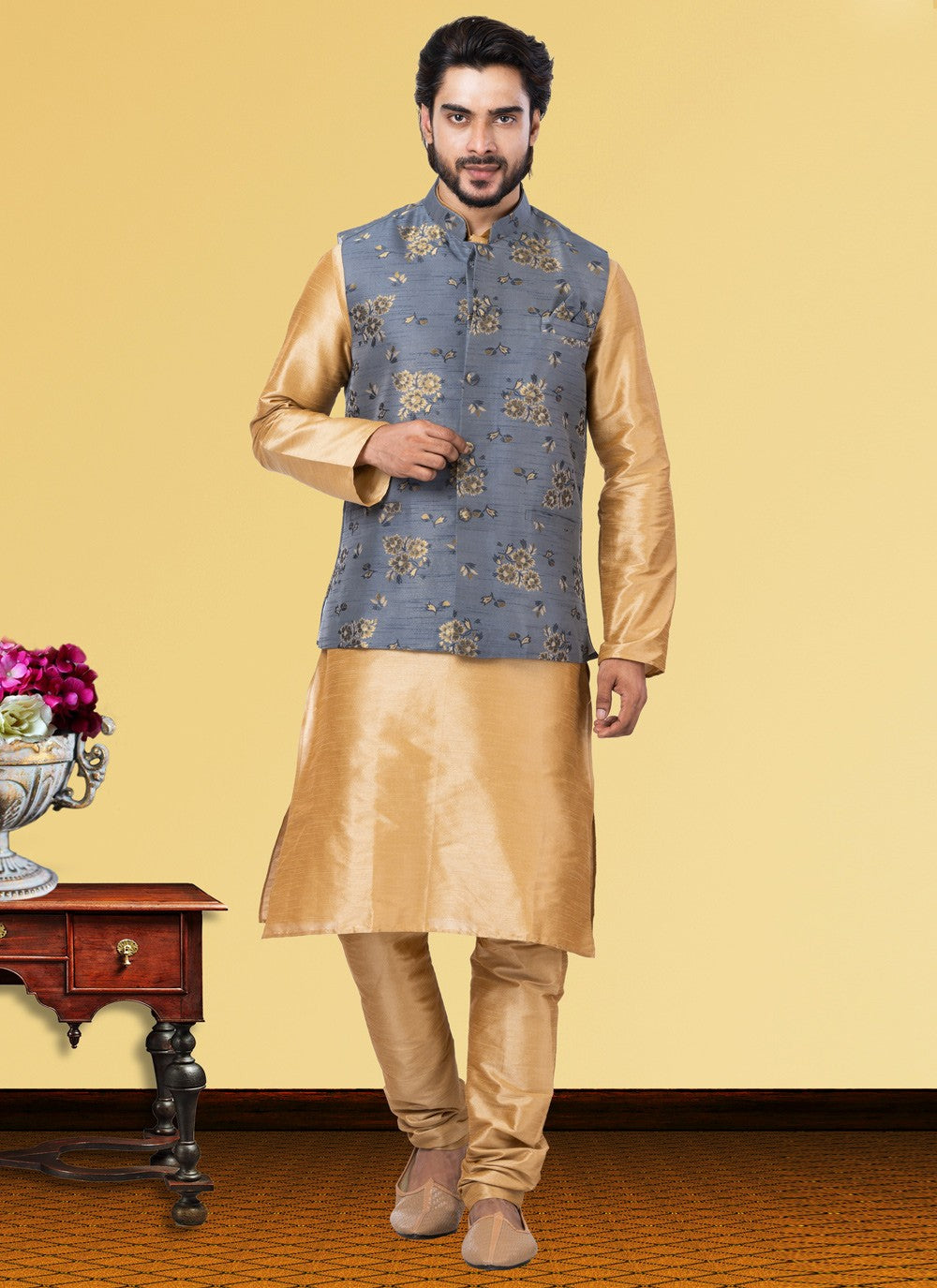 Printed Dupion Silk Beige, Grey Kurta Payjama With Jacket - M3747