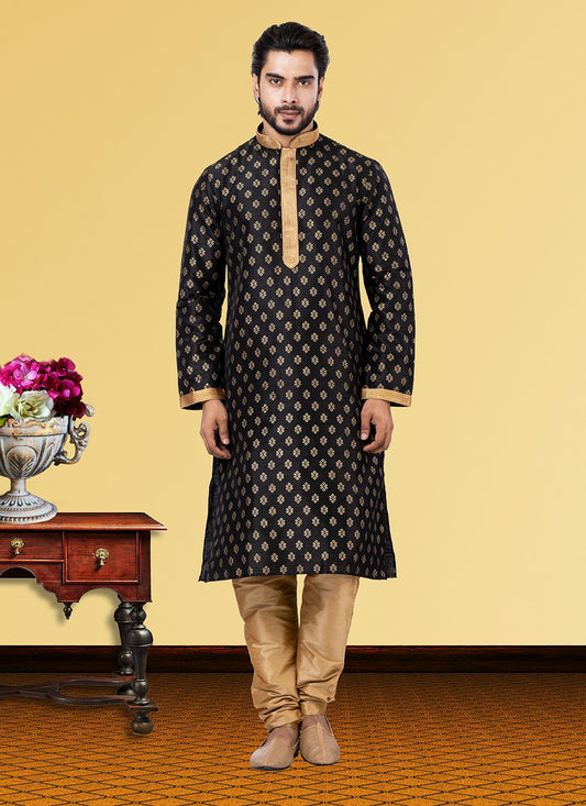 Printed Dupion Silk Black Kurta Pyjama - M3698