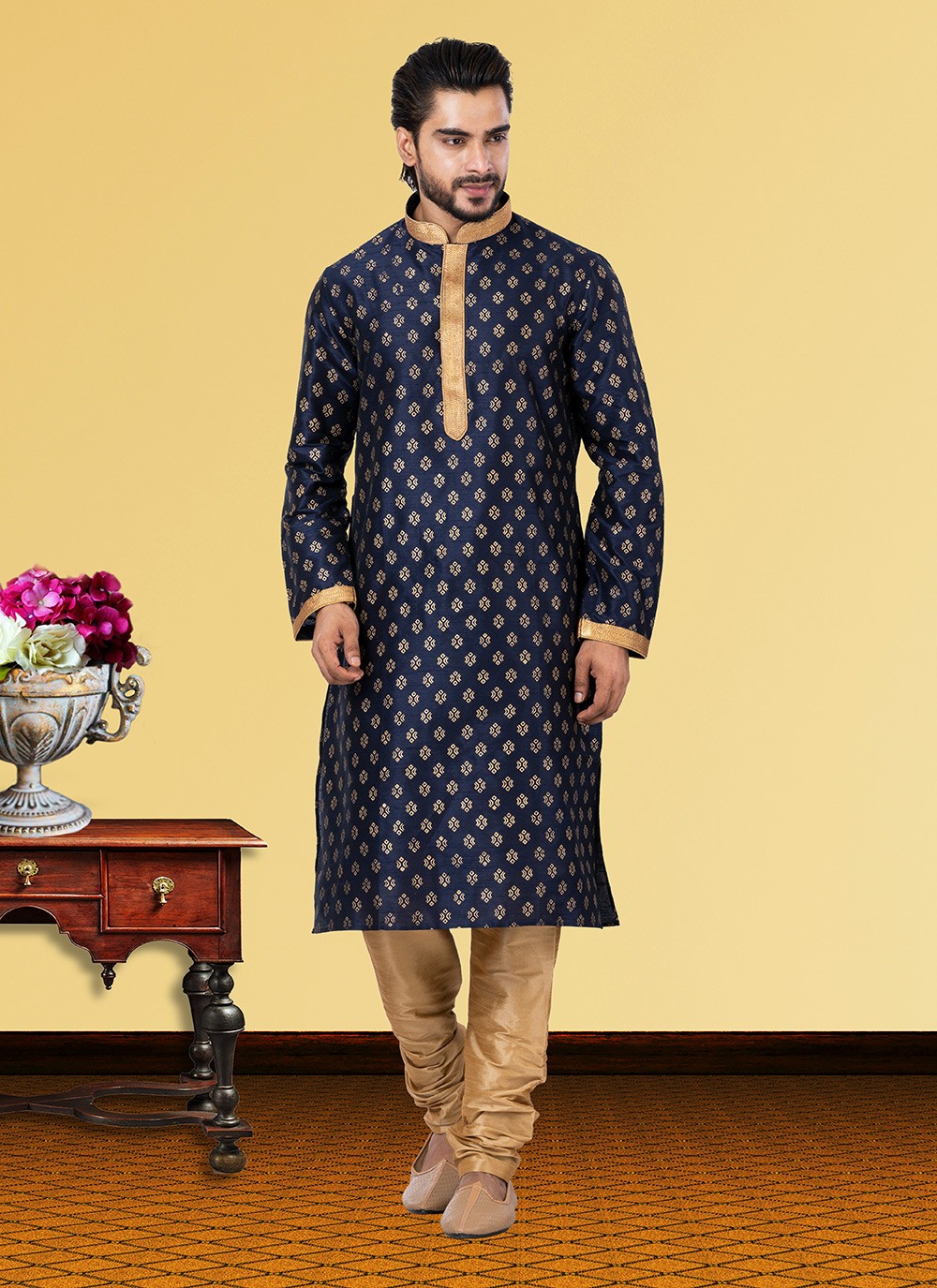 Printed Dupion Silk Blue Kurta Pyjama - M3691