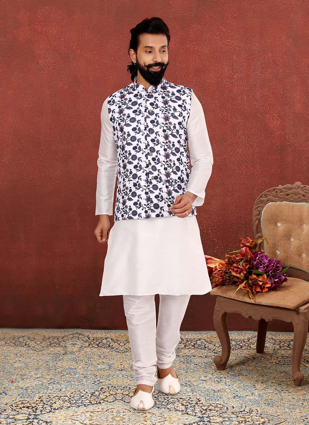 Printed Cotton Silk , Dupion Silk Off White Kurta Payjama With Jacket - M2540