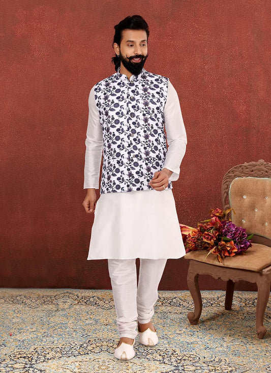 Printed Cotton Silk , Dupion Silk Off White Kurta Payjama With Jacket - M2540