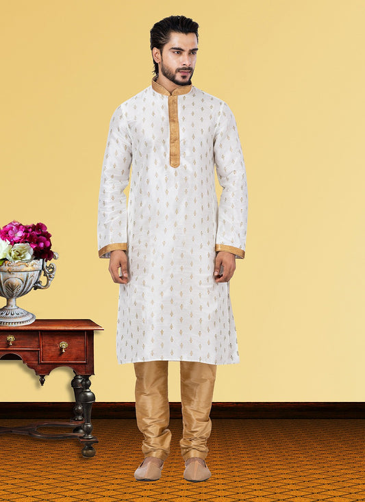 Printed Dupion Silk Off White Kurta Pyjama - M3690