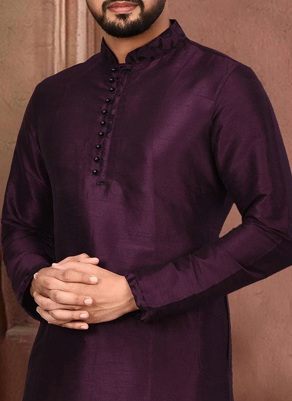 Embroidered Dupion Silk Purple Kurta Pyjama - M2286