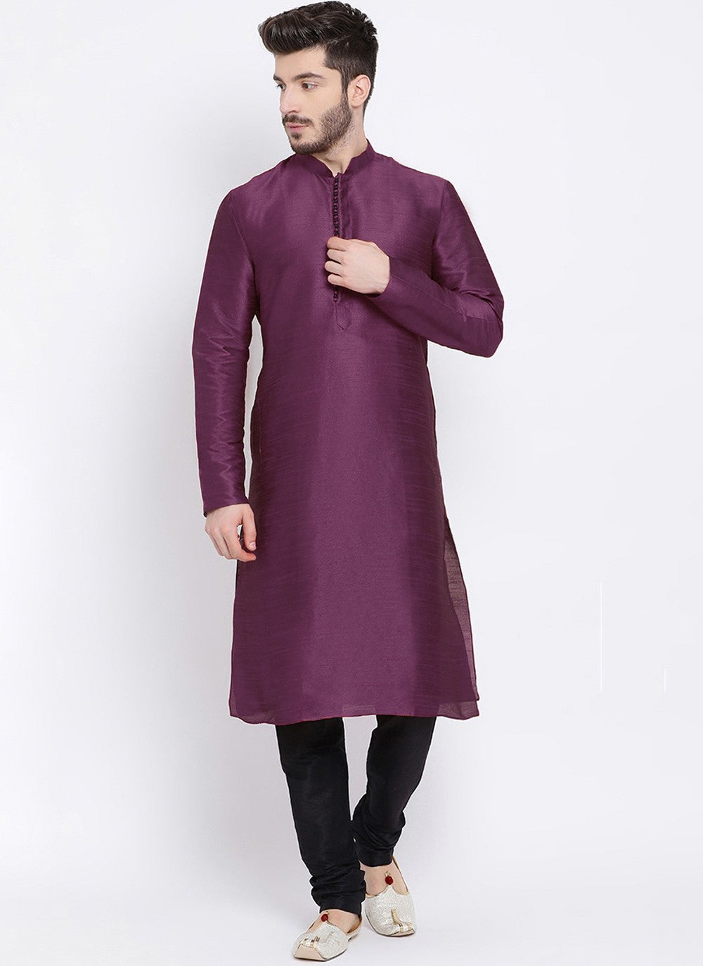 Embroidered Dupion Silk Purple Kurta Pyjama - M2293