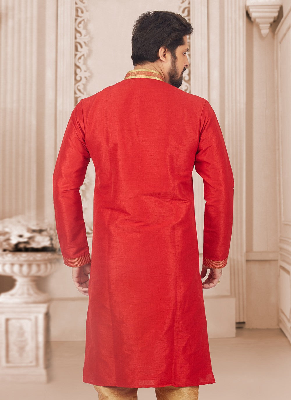 Embroidered Dupion Silk Red Kurta Pyjama - M6543