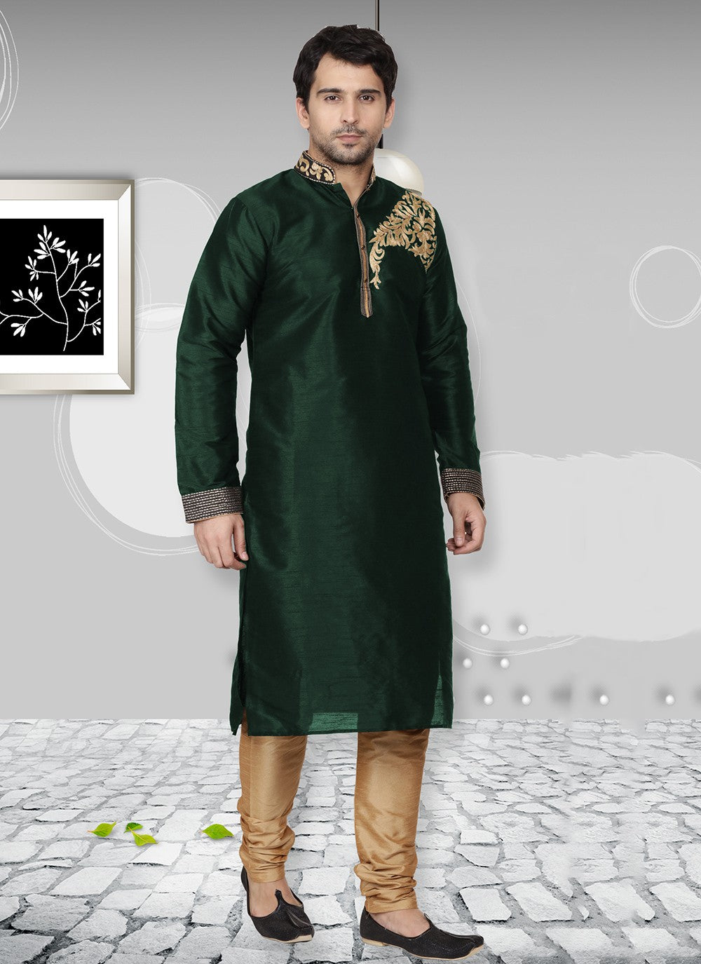 Embroidered Dupion Silk Sea Green Kurta Pyjama - M6541