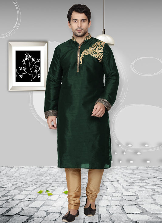 Embroidered Dupion Silk Sea Green Kurta Pyjama - M6541