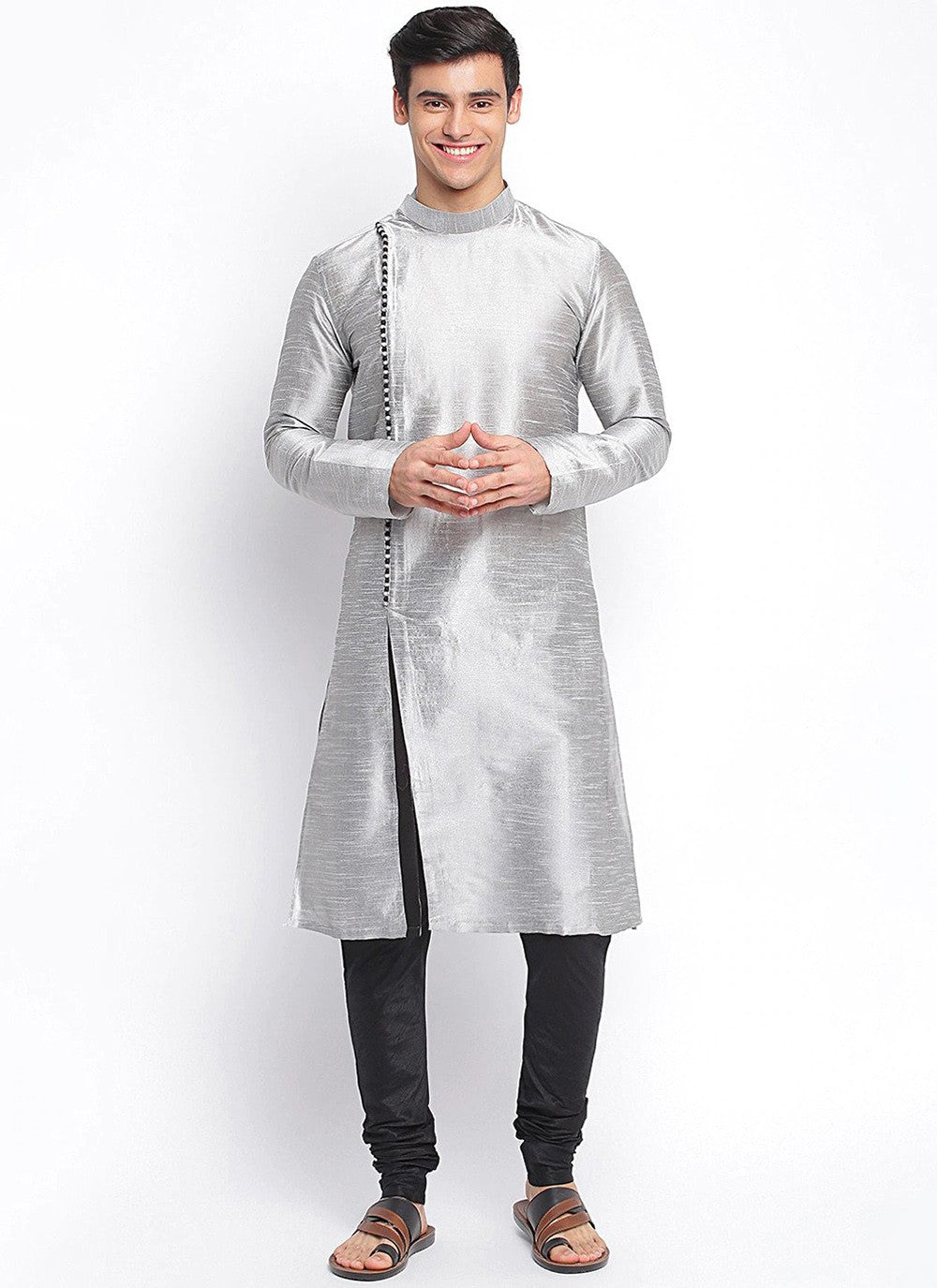 Plain Dupion Silk Silver Indo Western - M2440