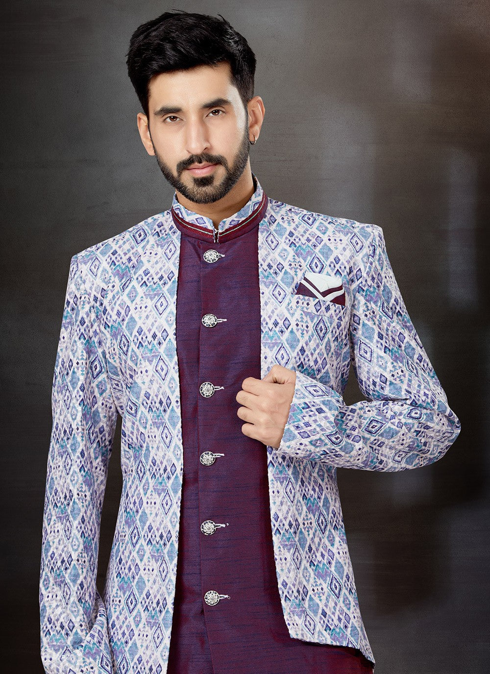 Embroidered Dupion Silk, Jacquard Multi Colour, Wine Indo Western Sherwani - M4799