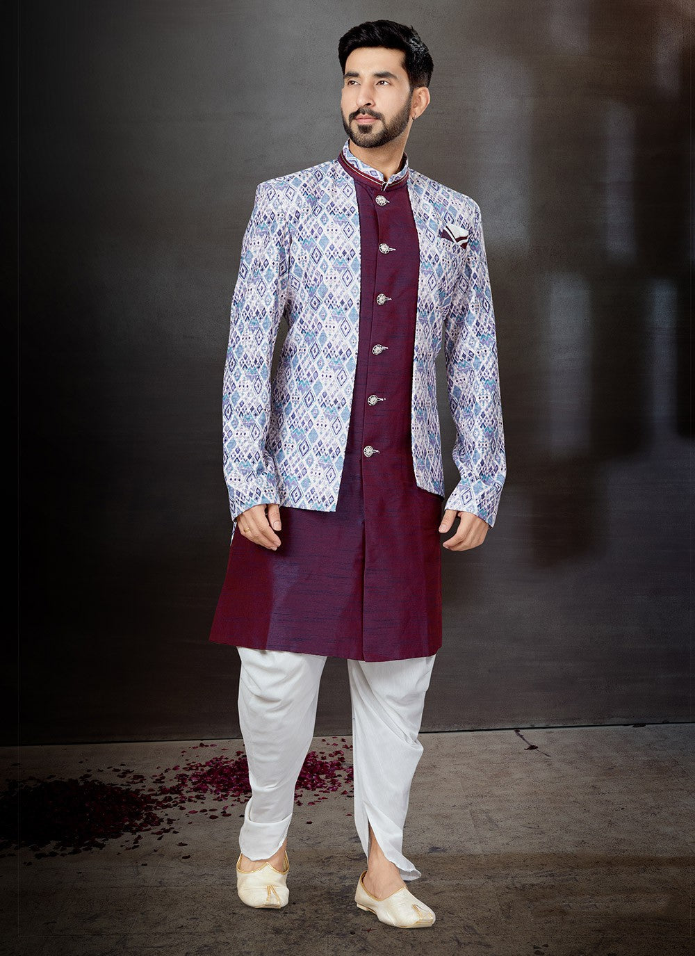 Embroidered Dupion Silk, Jacquard Multi Colour, Wine Indo Western Sherwani - M4799