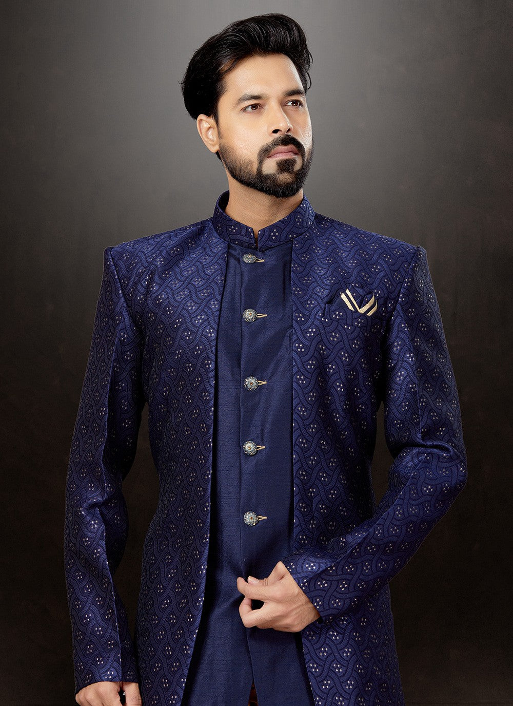 Embroidered Dupion Silk, Jacquard Navy Blue Indo Western Sherwani - M4815