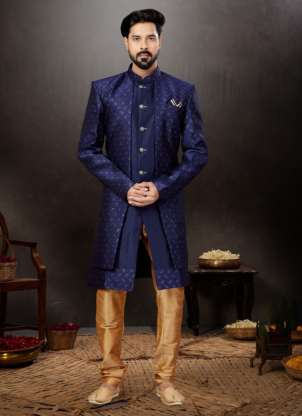 Embroidered Dupion Silk, Jacquard Navy Blue Indo Western Sherwani - M4815