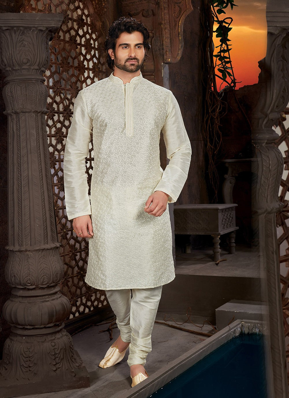 Embroidered Dupion Silk White Kurta Pyjama - M2122