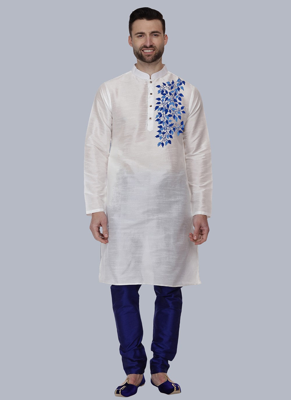 Embroidered Dupion Silk White Kurta Pyjama - M6535