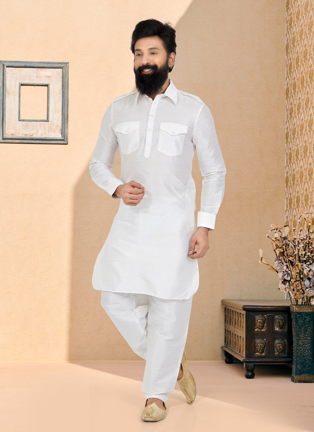 Plain Dupion Silk White Kurta Pyjama - M5031