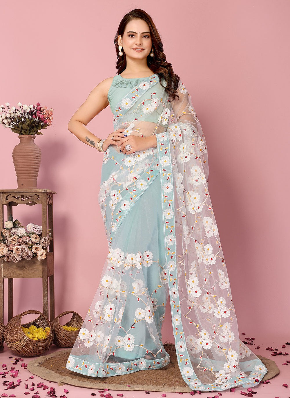 Classic Embroidered Net Saree - S6894